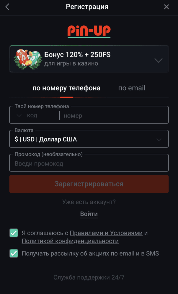 Форма регистрации на сайте БК PinUp с полями для создания аккаунта, ввода личных данных и начала использования платформы